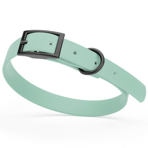 Sage Green dog collar with black hardware, made from waterproof biothane, 12 to 15 inches long