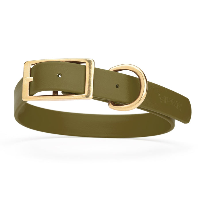 Olive Drab Green dog collar with brass buckle and D-ring, made from waterproof Biothane, 1-inch wide, fits medium and large dogs