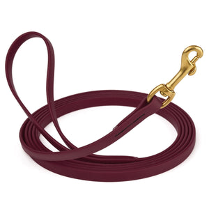 15 ft Merlot Burgundy dog leash with brass clip, made from waterproof Biothane, width 1/2 inch