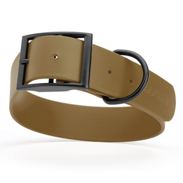 Coyote Brown dog collar with black buckle, made from waterproof biothane, 1.5 inches wide, 20 to 24 inches long, fits large dogs