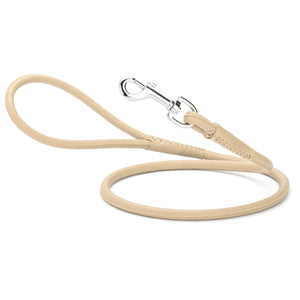 Beige leather leash for dogs with metal swivel clip, rolled design, 1/4 or 3/8 inches wide