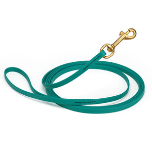 Waterproof Aqua Blue dog leash, 20 ft long, 3/8 in wide, made from Biothane with brass hardware
