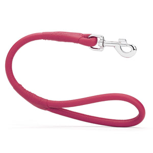 Pink leather traffic lead with metal swivel clip, rolled design