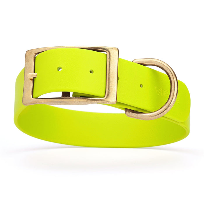 Safety Yellow dog collar with brass buckle and D-ring, made from waterproof Biothane, 1.5-inch wide, fits large and giant dogs