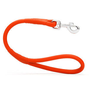 Orange leather traffic lead with metal swivel clip, rolled design