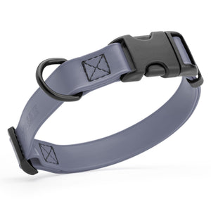 Battleship Gray dog collar with black quick release buckle and metal D-ring, adjustable, 5/8 inches wide, made from waterproof Biothane