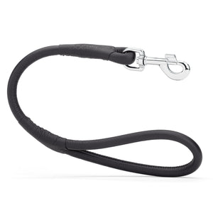 Black leather traffic lead with metal swivel clip, rolled design