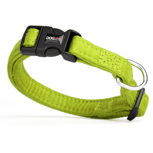 Lime green dog collar with quick release buckle and metal ring, made from soft microfiber, 5/8 inches wide