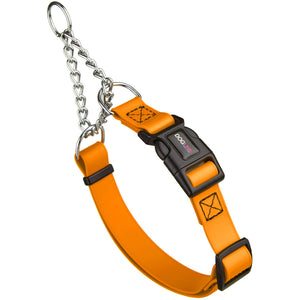 Tangerine martingale dog collar with black quick release buckle, made from waterproof Biothane