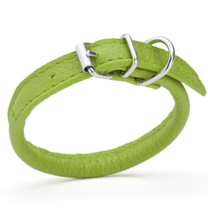 Lime green leather dog collar with metal hardware, 1/4 inches wide
