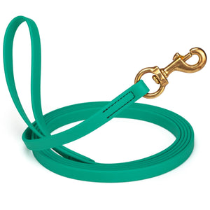 Teal leash for dogs with brass snap hook, 5/8 inch wide, 15 feet long, made from waterproof Biothane