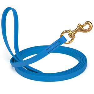 Cerulean Blue leash for dogs with brass snap hook, 5/8 inch wide, 15 feet long, made from waterproof Biothane