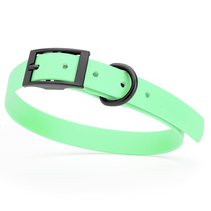 Sea Foam Green dog collar with black hardware, made from waterproof biothane, 15 to 18 inches long