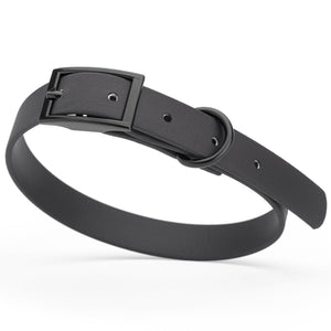 Black dog collar with black hardware, made from waterproof biothane, 12 to 15 inches long 