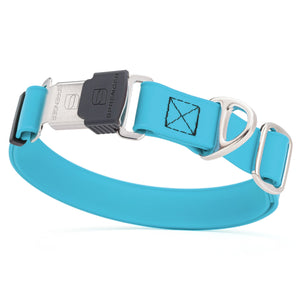 Sky blue dog collar with silver Herm Sprenger buckle and metal D-ring, made from waterproof and odor resistant Biothane