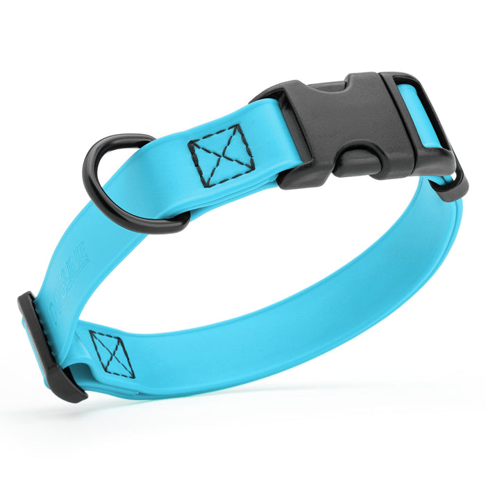 Sky blue dog collar with black quick release buckle and metal D-ring, adjustable, 5/8 inches wide, made from waterproof Biothane