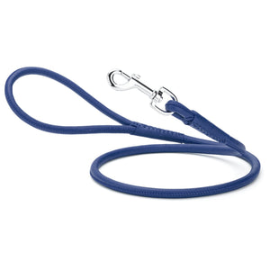 Blue leather leash for dogs with metal swivel clip, rolled design, 1/4 or 3/8 inches wide