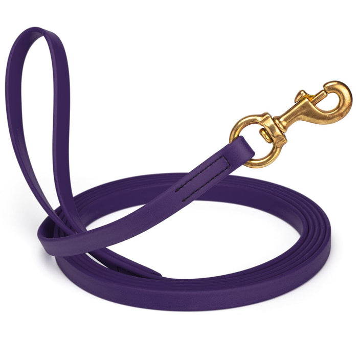 Violet Purple leash for dogs with brass snap hook, 5/8 inch wide, 15 feet long, made from waterproof Biothane