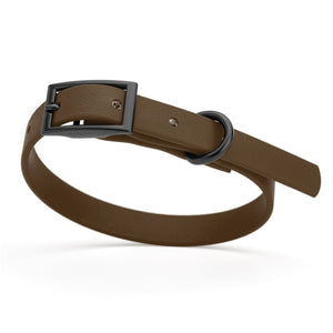 Dark Chocolate Brown dog collar with black hardware, made from waterproof biothane, 9 to 12 inches long