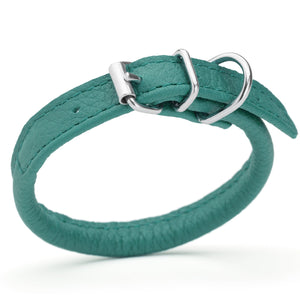 Teal leather dog collar with metal hardware, 1/4 inches wide