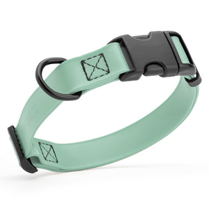 Sage Green dog collar with black quick release buckle and metal D-ring, adjustable, 5/8 inches wide, made from waterproof Biothane