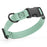 Sage Green dog collar with black quick release buckle and metal D-ring, adjustable, 5/8 inches wide, made from waterproof Biothane