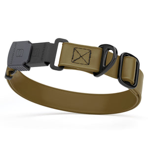 Coyote Brown dog collar with black Herm Sprenger buckle and metal D-ring, adjustable, made from waterproof and odor resistant Biothane