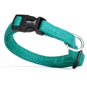 Teal dog collar with quick release buckle and metal ring, made from soft microfiber, 5/8 inches wide