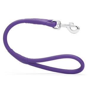 Purple leather traffic lead with metal swivel clip, rolled design