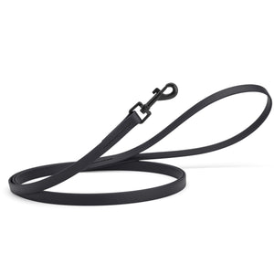 Black dog leash with black swivel clip, made from waterproof Biothane, 6 feet long, 1/2 inches wide