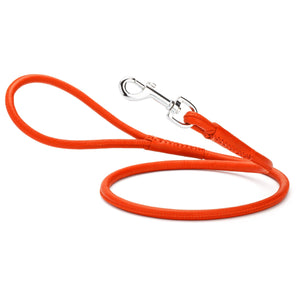 Orange leather leash for dogs with metal swivel clip, rolled design, 1/4 or 3/8 inches wide