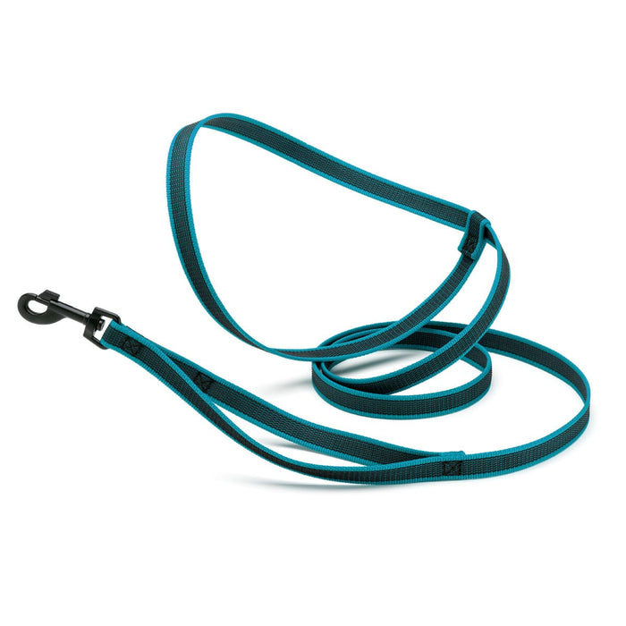 Teal nylon dog leash, multifunctional, with hands-free option and black snap hook