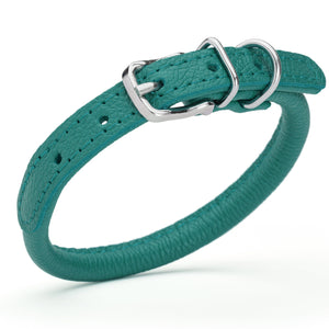 Teal leather dog collar with metal hardware, 1/3 inches wide