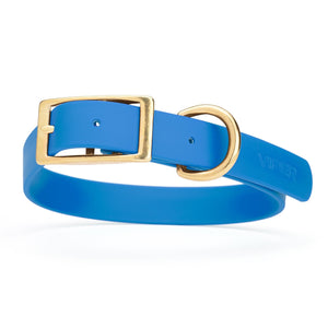 Cerulean Blue dog collar with brass hardware, made from waterproof Biothane, 1-inch wide, fits large dogs