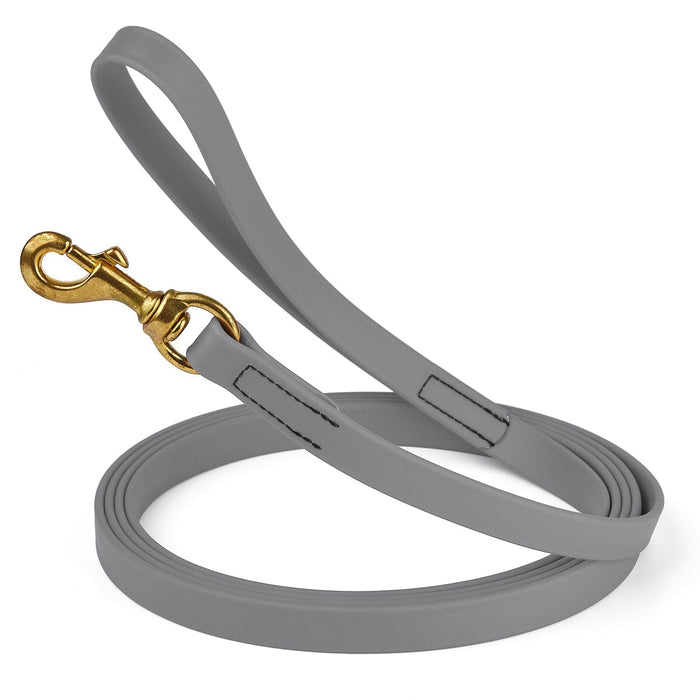 Waterproof Battleship Gray dog leash with brass clip, made from BioThane, 3/4 inch wide, 33 feet long
