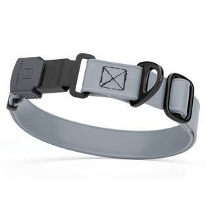 Battleship Gray dog collar with black Herm Sprenger buckle and metal D-ring, adjustable, made from waterproof and odor resistant Biothane