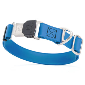 Cerulean blue dog collar with silver Herm Sprenger buckle and metal D-ring, made from waterproof and odor resistant Biothane