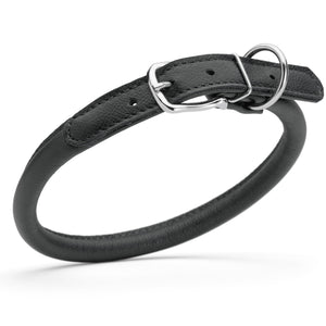 Black leather dog collar with metal hardware, 1/2 inches wide