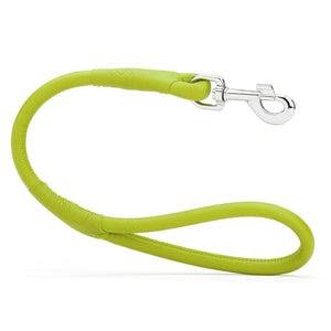 Lime green leather traffic lead with metal swivel clip, rolled design