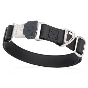 Black dog collar with silver Herm Sprenger buckle and metal D-ring, made from waterproof and odor resistant Biothane