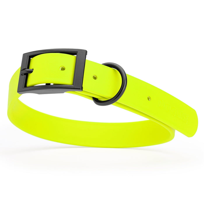 Waterproof Safety Yellow dog collar with black metal buckle and D-ring, made from Biothane, width: 1 inch, large
