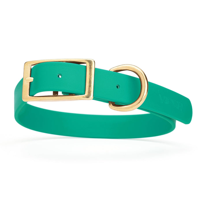 Teal dog collar with brass hardware, made from waterproof Biothane, 1-inch wide, fits large dogs
