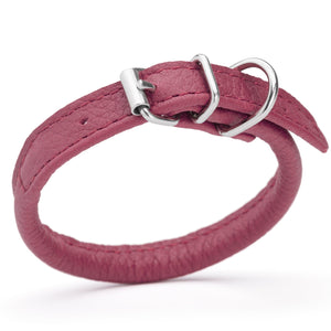 Pink leather dog collar with metal hardware, 1/4 inches wide