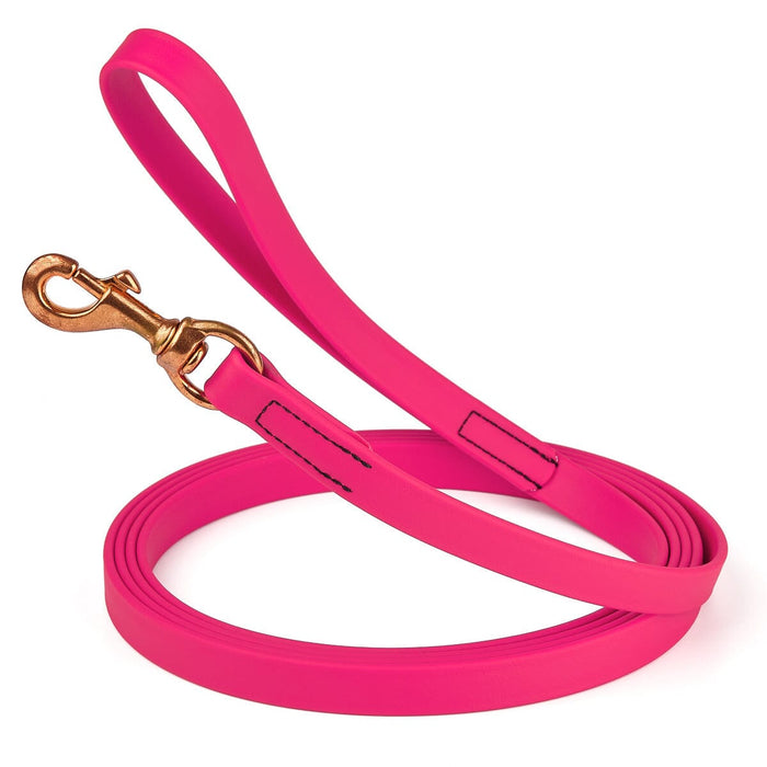 Waterproof Passionfruit Pink dog leash with brass clip, made from BioThane, 3/4 inch wide, 33 feet long