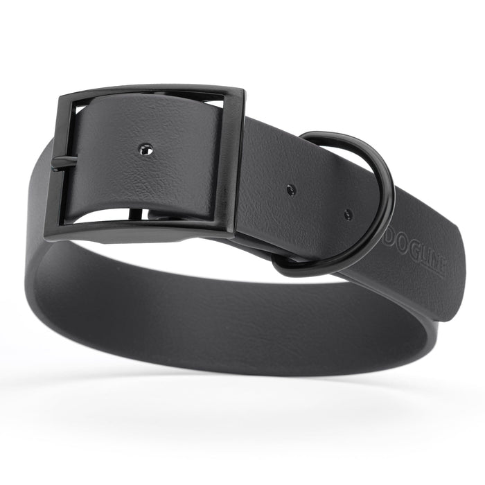 Black dog collar with black buckle, made from waterproof biothane, 1.5 inches wide, 20 to 24 inches long, fits large dogs