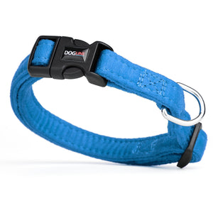 Blue dog collar with quick release buckle and metal ring, made from soft microfiber, 5/8 inches wide