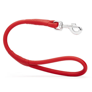 Red leather traffic lead with metal swivel clip, rolled design