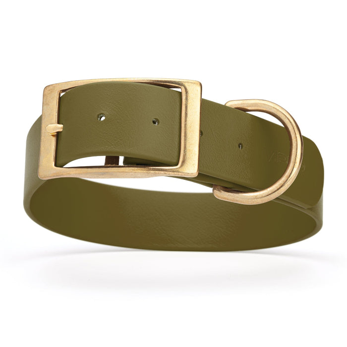 Olive Drab Green waterproof collar for large dogs with brass buckle and D-ring, made from Biothane, size XL, 1.5-inch wide