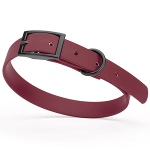 Merlot Burgundy Biothane dog collar with black metal buckle and D-ring, width 5/8 inches, fits small dogs 