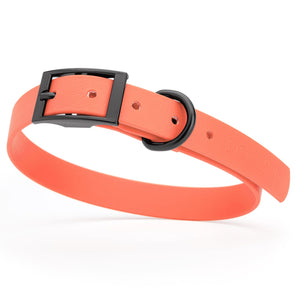 Coral dog collar with black hardware, made from waterproof biothane, 15 to 18 inches long